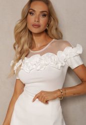 Biała Bluzka z Bawełny z Krótkim Rękawem Ozdobiona Falbanką i Siateczką Minalia. Białe bluzki damskie Renee, s, bez wzorów, z bawełny, biznesowe, bez kołnierzyka, bez ramiączek. Za 69.99 zł.