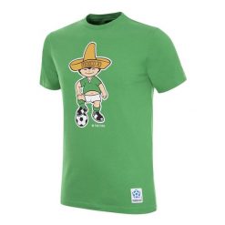 Koszulka piłkarska retro Mascote Juanito Campeonato do Mundo México 1970. Zielone t-shirty sportowe męskie COPA FOOTBALL, m, bez ramiączek, do piłki nożnej. Za 211.91 zł.