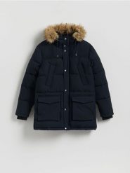 Pikowana parka z kapturem - granatowy. Niebieskie parki męskie Reserved, l, bez wzorów, z tkaniny. Za 459.99 zł.