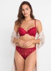 Biustonosz z usztywnianymi miseczkami i stringami z delikatnej koronki (komplet 2-częściowy). Czerwone biustonosze bonprix, bez wzorów, z koronki. Za 107.99 zł.