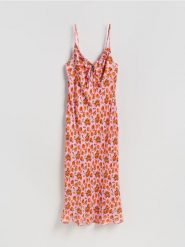 Wzorzysta sukienka z wiskozy - wielobarwny. Sukienki damskie Reserved, l, bez wzorów, z wiskozy, bez kołnierzyka, bez ramiączek, dopasowane. Za 119.99 zł.