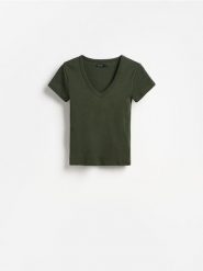 T-shirt z bawełną - ciemnozielony. Zielone t-shirty damskie Reserved, l, bez wzorów, z bawełny, bez kołnierzyka. Za 49.99 zł.