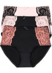 Figi maxi z mikrofibry (3 pary). Czarne figi damskie bonprix, bez wzorów, z koronki. Za 57.99 zł.