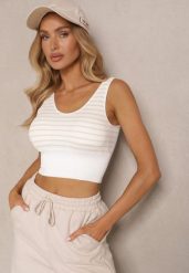 Biało-Beżowy Tank Top z Prążkowanego Materiału w Print w Paski Sesarila. Brązowe topy damskie Renee, s, bez wzorów, z jeansu, bez kołnierzyka. Za 24.99 zł.