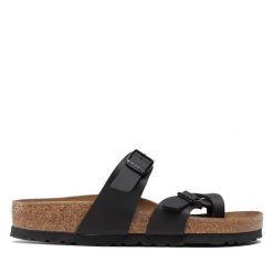 Japonki Birkenstock. Czarne klapki damskie Birkenstock, bez wzorów, bez obcasa. Za 269.99 zł.