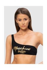 MOSCHINO Asymetryczna góra od bikini ze złotym logo. Czarne bikini damskie MOSCHINO, bez wzorów. W wyprzedaży za 249.99 zł.