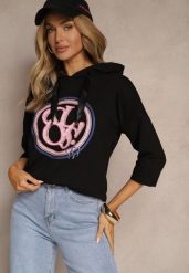 Czarna Bluza z Kapturem Ozdobnym Nadrukiem i Rękawami 3/4 Saniressa. Czarne bluzy z kapturem damskie Renee, l, z jeansu. Za 74.99 zł.