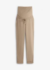 Wygodne spodnie ciążowe z bawełną organiczną. Brązowe spodnie materiałowe damskie bonprix, bez wzorów, z bawełny, moda ciążowa. Za 112.99 zł.