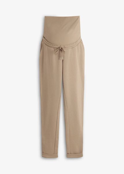 Wygodne spodnie ciążowe z bawełną organiczną. Brązowe spodnie materiałowe damskie bonprix, bez wzorów, z bawełny, moda ciążowa. Za 112.99 zł.