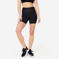 Spodenki fitness cardio damskie Domyos. Czarne spodenki sportowe damskie DOMYOS, l, z materiału, na fitness i siłownię. W wyprzedaży za 39.99 zł.