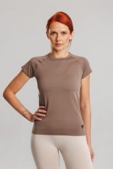 Koszulka treningowa bezszwowa damska z krótkim rękawem Arizona. Czerwone bluzki sportowe damskie Make Us Strong, l, z materiału, bez kołnierzyka, bez ramiączek. Za 109.99 zł.