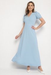 Niebieska Sukienka Rozkloszowana z Trójkątnym Dekoltem Efralinae. Niebieskie sukienki damskie Born2be, na imprezę, na lato, l, bez wzorów, eleganckie, bez kołnierzyka, bez ramiączek, maxi, rozkloszowane. W wyprzedaży za 143.99 zł.