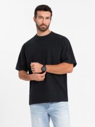 Bawełniany męski t-shirt LOOSE FIT z okrągłym dekoltem – czarny V1 OM-TSBC-0234 - XL. Czarne t-shirty męskie Ombre Clothing, l, bez wzorów, z bawełny, bez kołnierzyka. Za 77.99 zł.