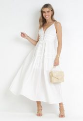 Biała Rozkloszowana Sukienka Maxi na Cienkich Ramiączkach Isarta. Białe sukienki damskie Born2be, l, bez wzorów, boho, bez kołnierzyka, bez ramiączek, maxi, rozkloszowane. W wyprzedaży za 175.99 zł.