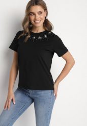 Czarna Bawełniana Bluzka T-shirt Ozdobiona Cyrkoniami Marivista. Czarne bluzki damskie Born2be, l, bez wzorów, z bawełny, eleganckie, bez kołnierzyka, bez ramiączek. Za 39.99 zł.