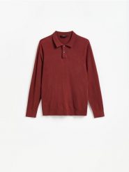 Wiskozowy sweter polo - bordowy. Czerwone swetry męskie Reserved, l, bez wzorów, z dzianiny, bez kołnierzyka. Za 119.99 zł.