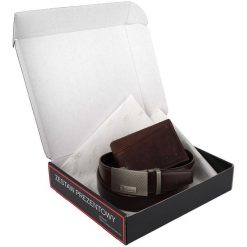 Zestaw prezentowy męski skórzany pasek portfel pudełko premium Beltimore Z53. Paski męskie bez wzorów. Za 100.99 zł.