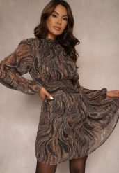 Czarno-Beżowa Taliowana Sukienka o Rozkloszowanym Kroju z Prześwitującymi Rękawami i Stójką Relabia. Czarne sukienki damskie Renee, na co dzień, l, bez wzorów, klasyczne, bez kołnierzyka, bez ramiączek, mini, rozkloszowane. Za 169.99 zł.