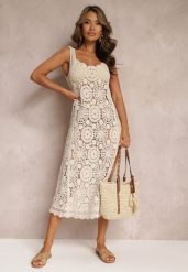 Beżowa Bawełniana Sukienka Maxi z Ażurowej Tkaniny na Szerokich Ramiączkach Alonza. Brązowe sukienki damskie Renee, na lato, w ażurowe wzory, z bawełny, bez kołnierzyka, bez ramiączek, maxi. Za 129.99 zł.