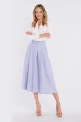 Rozkloszowana spódnica z wysokim stanem niebieska. Niebieskie spódniczki damskie Stylove, l, bez wzorów, eleganckie, z podwyższonym stanem, midi, rozkloszowane. Za 289.00 zł.