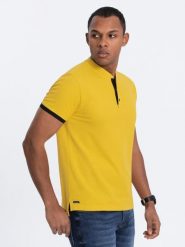 Męska koszulka polo bez kołnierzyka - żółta V9 - Rozmiar: S. Żółte koszulki polo męskie Ombre Clothing, m, bez wzorów, z bawełny, bez ramiączek. W wyprzedaży za 39.99 zł.