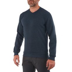 Sweter turystyczny męski Quechua NH150. Niebieskie swetry męskie QUECHUA, l, bez wzorów, z dzianiny, bez kołnierzyka. Za 39.99 zł.