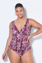 Damskie Góra od tankini miękkie miseczki nadruk na całej powierzchni drapowanie. Fioletowe bikini damskie Ulla Popken, bez wzorów, plus size. Za 199.99 zł.