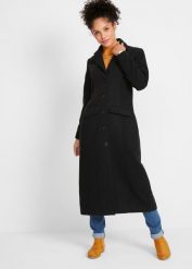 Długi płaszcz z materiału w optyce wełny. Czarne płaszcze damskie bonprix, bez wzorów, z wełny. Za 299.99 zł.