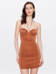 Elisabetta Franchi Sukienka koktajlowa AB-435-32E2-V400 Brązowy Slim Fit. Brązowe sukienki damskie Elisabetta Franchi, bez wzorów, wizytowe, bez kołnierzyka, bez ramiączek. Za 1,009.00 zł.