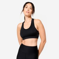 Stanik sportowy Domyos. Czarne biustonosze sportowe damskie DOMYOS, bez wzorów, z elastanu. Za 24.99 zł.