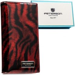 Lakierowany, czerwony portfel damski ze skóry naturalnej i ekologicznej w zwierzęcy wzór PTN PS1431-TDS Peterson. Czerwone portfele damskie Peterson, bez wzorów, z lakierowanej skóry. Za 134.99 zł.