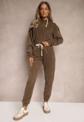 Brązowe Dresowe Spodnie z Bawełną High Waist Wykończone w Pasie Gumką Ekadela. Brązowe spodnie dresowe damskie Renee, s, bez wzorów, z bawełny. Za 49.99 zł.