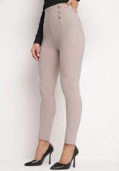 Jasnobeżowe Bawełniane Legginsy z Wysokim Stanem i Ozdobnymi Guzikami Rielina. Brązowe legginsy damskie Born2be, l, bez wzorów, z bawełny. Za 39.99 zł.