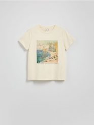 T-shirt z nadrukiem - kremowy. Białe t-shirty damskie Reserved, l, bez wzorów, z bawełny, bez kołnierzyka. W wyprzedaży za 19.99 zł.