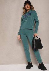 Zielony Ocieplany Komplet Dresowy Bawełniany Spodnie Joggery i Bluza Zdobiona Nadrukiem Filoira. Zielone bluzy z kapturem damskie Renee, m, z bawełny. Za 84.99 zł.