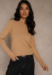 Ciemnobeżowy Gładki Sweter w Minimalistycznym Stylu Tevra. Brązowe swetry klasyczne damskie Renee, l, z jeansu, bez kołnierzyka. Za 39.99 zł.