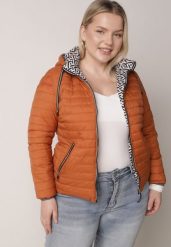 Pomarańczowa Dwustronna Kurtka Pikowana z Kapturem Zidila. Brązowe kurtki damskie Born2be, l, bez wzorów, z jeansu, z kapturem. Za 84.99 zł.