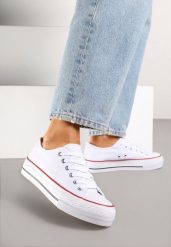 Biało-Czerwone Trampki Vices na Grubszej Podeszwie pod Kostkę Tilomea. Białe trampki i tenisówki damskie Born2be, bez wzorów, z jeansu. Za 39.99 zł.
