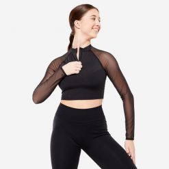 Koszulka z długim rękawem do tańca nowoczesnego damska Starever crop top. Czarne t-shirty damskie DOMYOS, m, bez wzorów, z materiału, bez kołnierzyka. Za 89.99 zł.