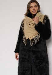 Beżowy Trójkątny Szalik Zdobiony Frędzlami Vetifara. Brązowe szaliki i kominy damskie Born2be, na zimę, z aplikacjami, z jeansu. Za 34.99 zł.