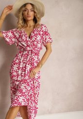Fuksjowa Wiskozowa Sukienka z Kopertowym Dekoltem z Gumką w Pasie i Materiałowym Dekoltem Gilemia. Czerwone sukienki damskie Renee, na co dzień, l, bez wzorów, z jeansu, eleganckie, bez kołnierzyka, bez ramiączek, maxi, dopasowane. W wyprzedaży za 52.49 zł.