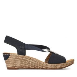 Sandały Rieker. Niebieskie sandały damskie Rieker, bez wzorów, bez obcasa, na koturnie. Za 299.99 zł.