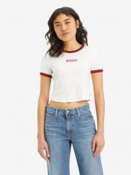 Levi's Koszulka w kolorze biało-czerwonym rozmiar: M. Białe bluzki damskie Levi's, m, bez wzorów, z bawełny, bez kołnierzyka, bez ramiączek. Za 62.03 zł.