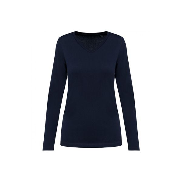 Damska koszulka z długim rękawem suprima v-neck Kariban Premium. Niebieskie t-shirty damskie KARIBAN, bez wzorów, z bawełny, bez kołnierzyka. Za 123.00 zł.