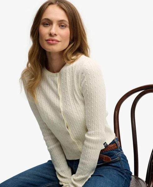 Superdry Lekki kardigan Essential z bawełny. Białe kardigany męskie Superdry., uniwersalny, z aplikacjami, z bawełny, eleganckie, bez kołnierzyka. Za 254.05 zł.