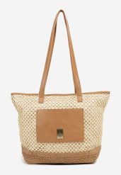 Beżowa Torebka Typu Shopper z Plecionką Felarena. Brązowe shopper bag damskie Renee, bez wzorów, z jeansu, bez dodatków. Za 74.99 zł.
