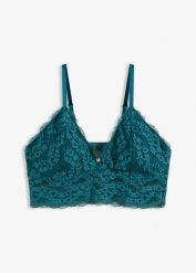 Biustonosz bustier bez fiszbinów, z kwiatową koronką. Czarne biustonosze bonprix, bez wzorów, z koronki. Za 72.99 zł.