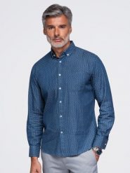 Męska bawełniana koszula z cienkiego jeansu we wzór– niebieska V2 - Rozmiar: XL. Niebieskie koszule męskie Ombre Clothing, m, bez wzorów, z bawełny, bez kołnierzyka, bez ramiączek. W wyprzedaży za 142.49 zł.