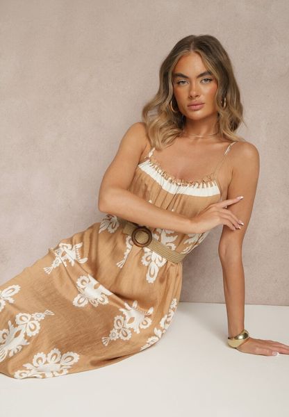 Jasnobrązowa Rozkloszowana Sukienka na Ramiączkach w Ornamentalny Print Reveleine. Brązowe sukienki damskie Renee, na co dzień, l, z aplikacjami, bez kołnierzyka, bez ramiączek, maxi, dopasowane. Za 69.99 zł.