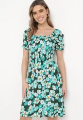 Niebiesko-Zielona Wiskozowa Sukienka Midi Rozkloszowana w Kwiatowy Print Acarana. Niebieskie sukienki damskie Born2be, na co dzień, s, bez wzorów, z wiskozy, eleganckie, bez kołnierzyka, bez ramiączek, midi, proste. Za 59.99 zł.
